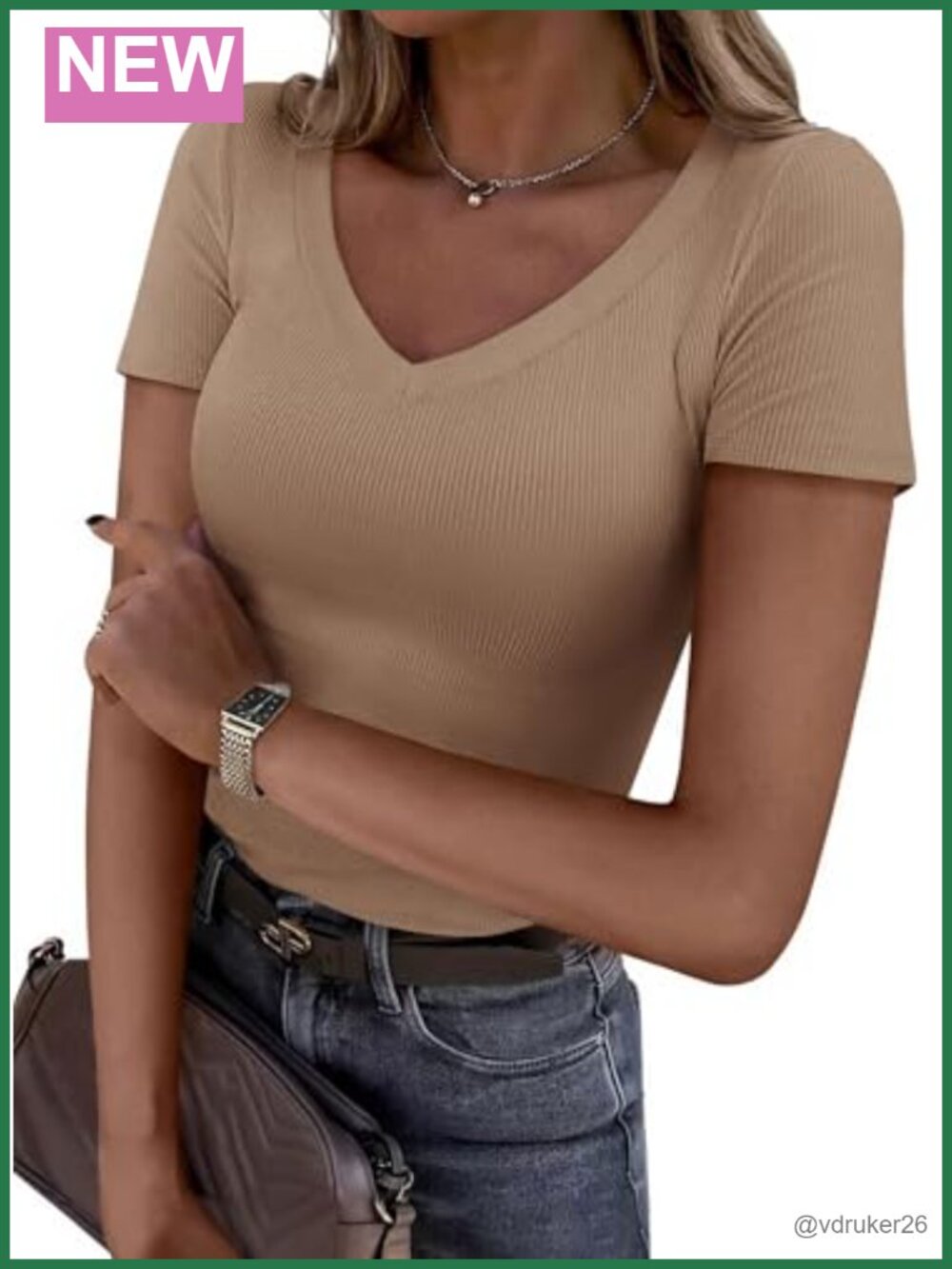 Women's V Neck Short Sleeve Ribbed Knit Slim Fit T-Shirt Summer Top